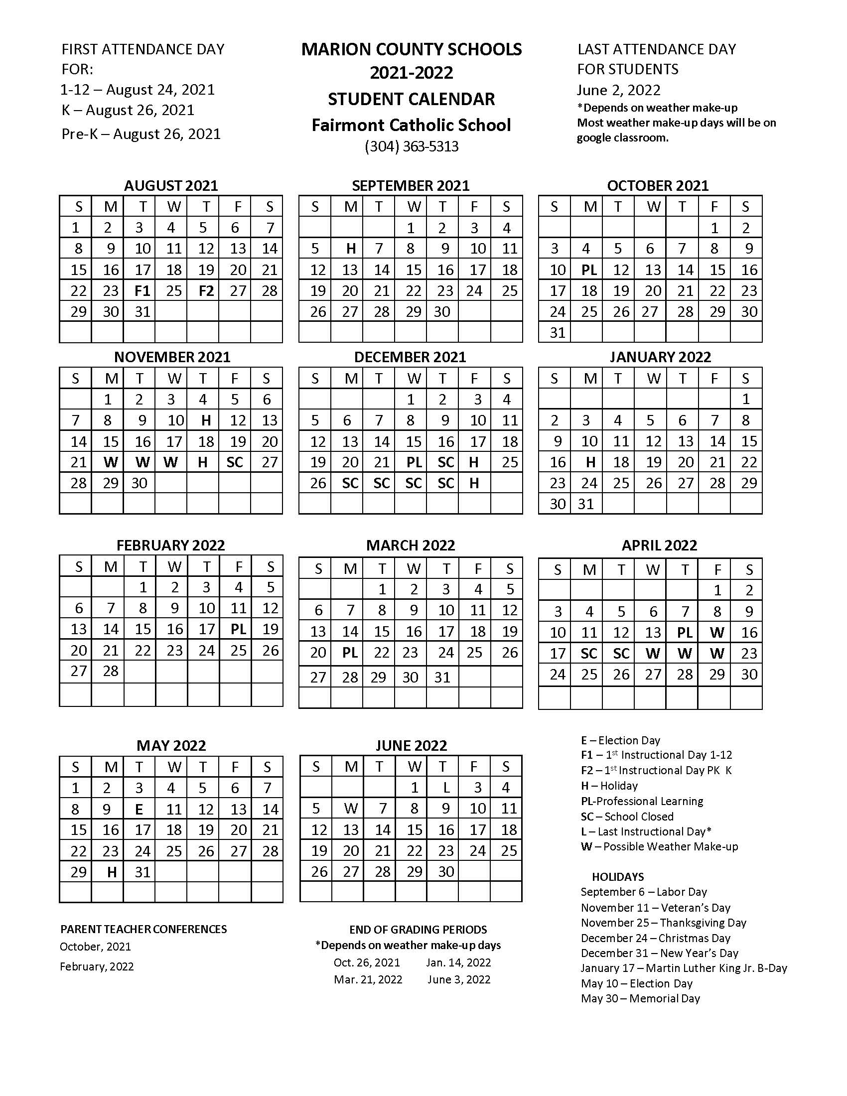 Marion Student Calendar 2021 2022 Calendar Fairmont Catholic School