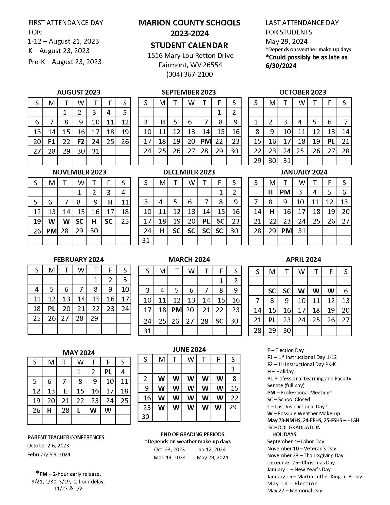 Student Calendar 20232024 Fairmont Catholic School